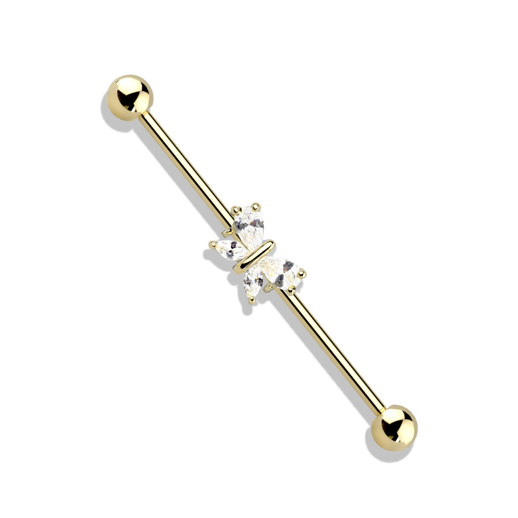 14G Tear Drop and Marquise CZ Butterfly Surgical Steel Industrial Barbell (38MM)